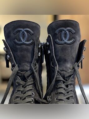 Chanel Veau Velour Lace-Up Boots - GREY - Size 40